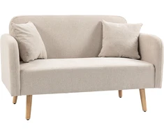 Aosom Dvivietė sofa su 2 pagalvėlėmis, medinės kojelės, kreminė, 130 x 70 x 80 cm