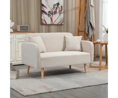 Aosom Dvivietė sofa su 2 pagalvėlėmis, medinės kojelės, kreminė, 130 x 70 x 80 cm
