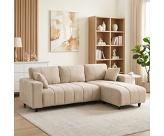 Aosom L formos kampinė sofa su keičiama šezlongo dalimi, 3 vietų, su 2 pagalvėmis, smėlio spalvos, 242 x 156 x 87 cm