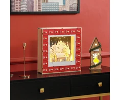 Aosom LED advento kalendorius su kaimo scena, 24 dideli stalčiai, MDF, raudonas, 34 x 7 x 34 cm
