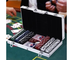 Aosom Pokerio rinkinys aliuminio lagamine, 300 žetonų, 5 kauliukai ir 2 kortų kaladės