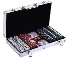 Aosom Pokerio rinkinys aliuminio lagamine, 300 žetonų, 5 kauliukai ir 2 kortų kaladės