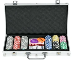 Aosom Pokerio rinkinys su 300 žetonų, 2 kortų kaladėmis, 5 kauliukais, sidabrinis