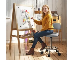 Aosom Ratastel taburetė su atlošu, reguliuojama, dirbtinė oda, pilka, 32 x 40 x 70-86 cm