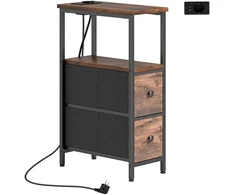 Aosom Šoninis staliukas su įkrovimo stotele, plieno rėmas, 2 medžiaginiai stalčiai, atvira niša, 20 x 40 x 63 cm, rusticinė ruda