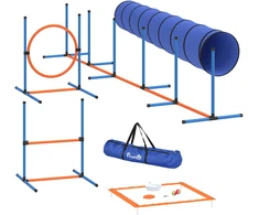Aosom Šunų agility treniruočių rinkinys, 8 dalių, su tuneliu, slalomo stulpais, reguliuojamomis kliūtimis, šuolio žiedu ir dubeniu, oranžinis/mėlynas/juodas