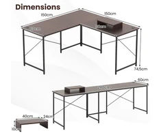 Costway 150cm apverčiamas L formos stalas su maitinimo lizdais