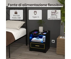 Costway 2 naktinių spintelių rinkinys su LED apšvietimu, USB ir Type-C įkrovimo stotele, judesio jutikliu, juodos spalvos