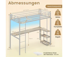 Costway Loft lova 200 x 90 cm su LED įkrovimo stotimi, saugojimo vieta, apsauginė tvorelė ir kopėčios, sidabrinė