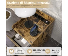 Costway Naktinis staliukas su įkrovimo stotele, siauras naktinis staliukas su 2 stalčiais ir USB lizdais, 40 x 32 x 60 cm, rustiškos rudos spalvos