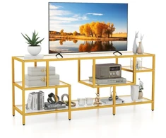 Koduva 147 cm TV staliukas su metaliniu rėmu ir stiklo lentynomis, auksinis