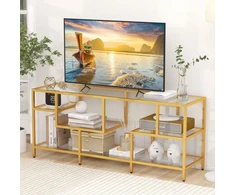 Koduva 147 cm TV staliukas su metaliniu rėmu ir stiklo lentynomis, auksinis