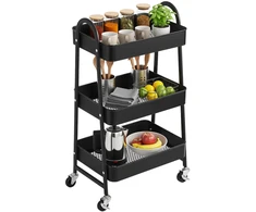 Koduva 3 aukštų metalinis mobilus vežimėlis su rankenomis ir 2 stabdžiais, 41,4 x 30,7 x 79 cm, juodas