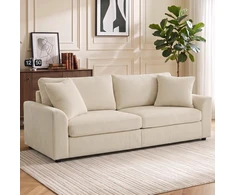 Koduva 3 vietų sofa su dekoratyvinėmis pagalvėlėmis, kreminė balta, 212 cm
