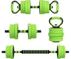 Virdulys Koduva 4 viename hantelių rinkinys 20 kg, reguliuojami trumpi ir ilgi hanteliai, kettlebell, atsispaudimo rankenos, žalia
