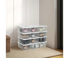 Koduva Batų dėžės, 12 vnt. rinkinys, su dangčiais, sukraunamos, PP plastikas, skaidrios/baltos, 35 x 20 x 12,5 cm