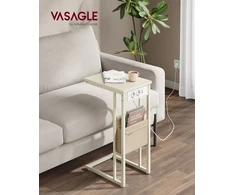Koduva C formos šoninis staliukas, kreminės baltos spalvos, su 2 AC lizdais ir 2 USB, 30 x 40 x 62 cm