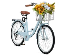 Koduva Cruiser dviratis VEVOR, 7 pavaros, 66 cm, šviesiai mėlynas, su krepšiu ir galine bagažine