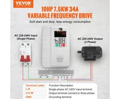 VEVOR Dažnio keitiklis AT1-7500X, 7.5 kW, 34 A, 7,46 kW, 220-240 V