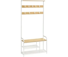 Koduva Drabužių kabykla su 9 kabliukais ir batų lentyna, 30 x 85 x 180,5 cm, ąžuolo spalvos, balta