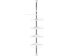 Koduva Dušo kampinė lentyna, reguliuojamo aukščio 95-300 cm, 4 lentynos, 3 kabliukai, baltos-sidabrinės