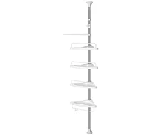Koduva Dušo kampinė lentyna, reguliuojamo aukščio 95-300 cm, 4 lentynos, 3 kabliukai, baltos-sidabrinės