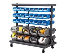 VEVOR Dvipusė mobili dėžių laikymo lentyna BR68VR, 5 aukštų, su 68 plastikinėmis dėžėmis, 90 x 50 x 95 cm