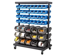 VEVOR Dvipusis mobilus daiktadėžių stelažas, 7 aukštų, su 94 plastikinėmis dėžutėmis, 90 x 50 x 125 cm