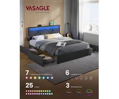 Lova Koduva Dvivietės lovos rėmas 140 x 200 cm su LED, įkrovimo stotele, plieno, pilkai juodas