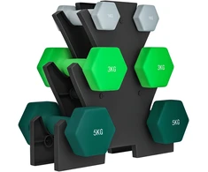 Sofa Koduva Hantelių rinkinys su laikymo stovu, 6 vnt., 2 x 1kg, 2 x 3kg, 2 x 5kg, pilka / žalia / turkio