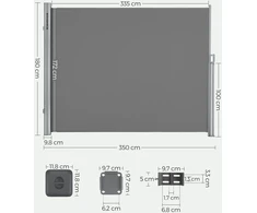 Songmics Ištraukiama šoninė markizė balkonui ir terasai, pilka, 1,8 x 3,5 m, aliuminis, PU danga