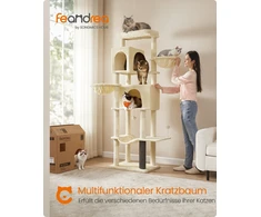 Songmics Kačių draskyklė, 190,7 cm, su 2 urvais, 2 guoliais, iš pliušo ir sizalio, smėlio beige