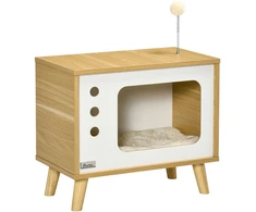 Koduva Kačių namelis TV dizaino, su žaislu, plaunama pagalvėle, 50 x 28 x 43 cm, ąžuolo, smėlio ir baltos spalvos