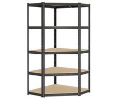 Koduva Kampinė lentyna, 5 pakopų, plienas ir MDF, 90 x 90 x 180 cm, iki 875 kg, juoda-smėlio
