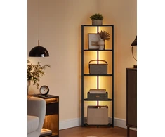 Koduva Kampinė lentyna su 5 lentynomis ir LED apšvietimu, juoda, 24,8 x 48 x 146,6 cm