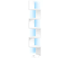 Koduva Kampinė sieninė lentyna su LED apšvietimu, 5 lentynos, medžio drožlių plokštė, matinė balta, 20 x 20 x 126 cm