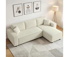 Koduva Kampinė sofa su šezlongu, 3 vietų, kreminė balta, korduro, 241 x 153 x 83 cm