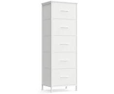 Koduva Komoda su 5 medžiaginiais stalčiais, balta, MDF ir plienas, 30 x 39,6 x 116,7 cm