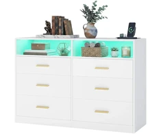 Koduva Komoda su LED apšvietimu ir įkrovimo stotele, 6 stalčiai, balta, 40 x 119 x 81,2 cm