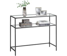 Songmics Konsolinis staliukas su 2 lentynomis, juodas, metalas ir stiklas, 100 x 35 x 80 cm
