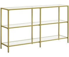 Songmics Konsolinis staliukas su 3 lentynomis, grūdintas stiklas ir plienas, 130 x 30 x 73 cm, aukso spalvos