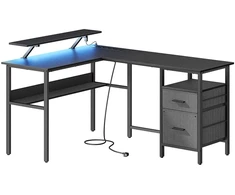 Koduva L formos rašomasis stalas, juodas, 150 x 120 x 76 cm, su monitoriaus stovu ir lizdais