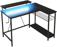 Aosom L formos rašomasis stalas su LED, rozetės, USB, juodas, 107 x 80 x 90 cm