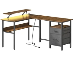 Koduva L formos rašomasis stalas, vintažinės rudos spalvos, su lizdais, 150 x 120 x 76 cm