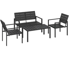 Koduva Lauko baldų komplektas 4 asmenims, 2-vietė sofa, 2 foteliai, platus kavos staliukas, HDPE lentelės, juodas