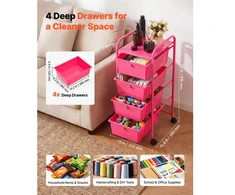 Koduva Mobilus daiktų laikymo vežimėlis VEVOR su 4 stalčiais, plieno rėmas, rožinė raudona, 33 x 39 x 82 cm