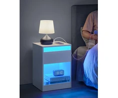 Koduva Naktinis staliukas su LED apšvietimu, 35 x 40 x 55 cm, su stalčiumi ir lizdais, baltas