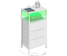 Koduva Naktinis staliukas su LED apšvietimu ir įkrovimo stotele, 3 stalčiai, baltas, 30 x 39,6 x 75,9 cm