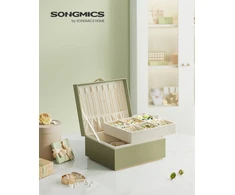 Songmics Papuošalų dėžutė su 2 aukštais ir rankena, 20,5 x 24 x 11 cm, laurų žalia