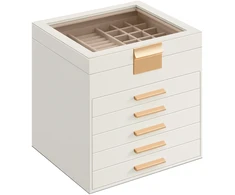 Koduva Papuošalų dėžutė su stikliniu dangčiu, 6 lygių, 20,3 x 23,1 x 22,8 cm, balta
